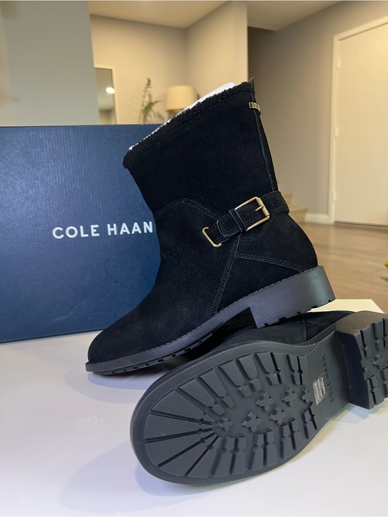 Cole Haan Shoes - Cole Haan Black Suede Shearling-Lined Buckle Ankle Boots